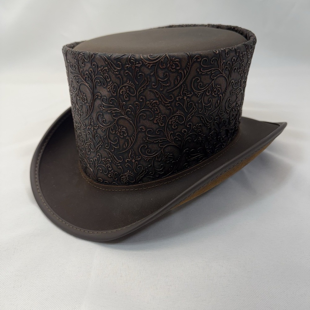 Head'n Home American Hat Makers Gent Steampunk Brown Embossed Leather Top Hat S‎